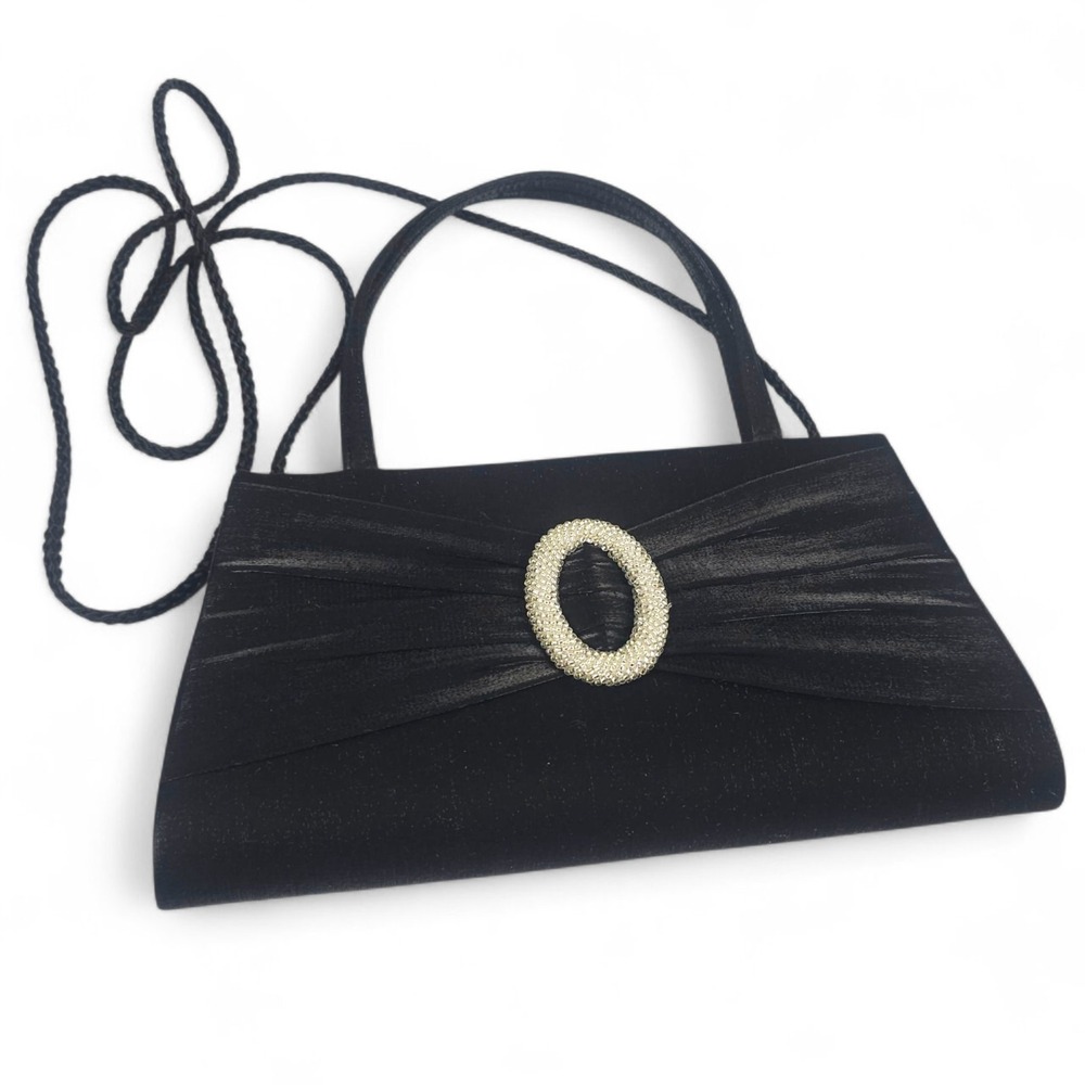 NYTLITES Black Satin Evening Clutch Purse Bag Oval Beaded Buckle Wedding Prom